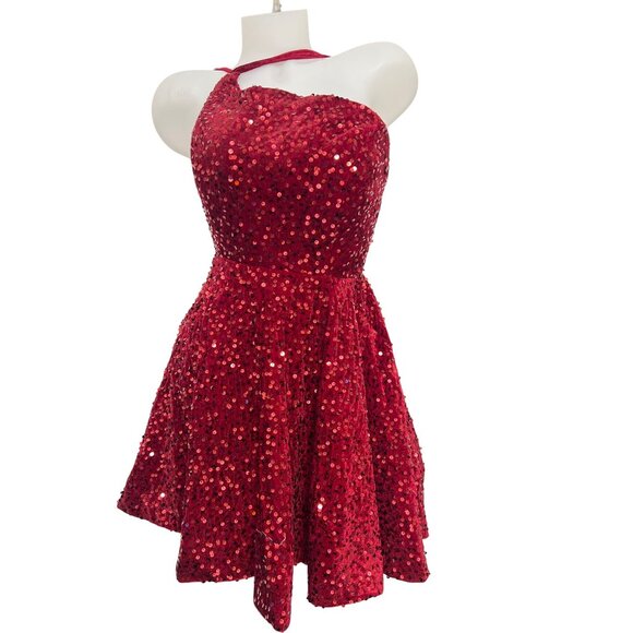 Dresses & Skirts - Red Sequin Mini Dress Graduation Party Dress Size 12 w pockets spaghetti straps